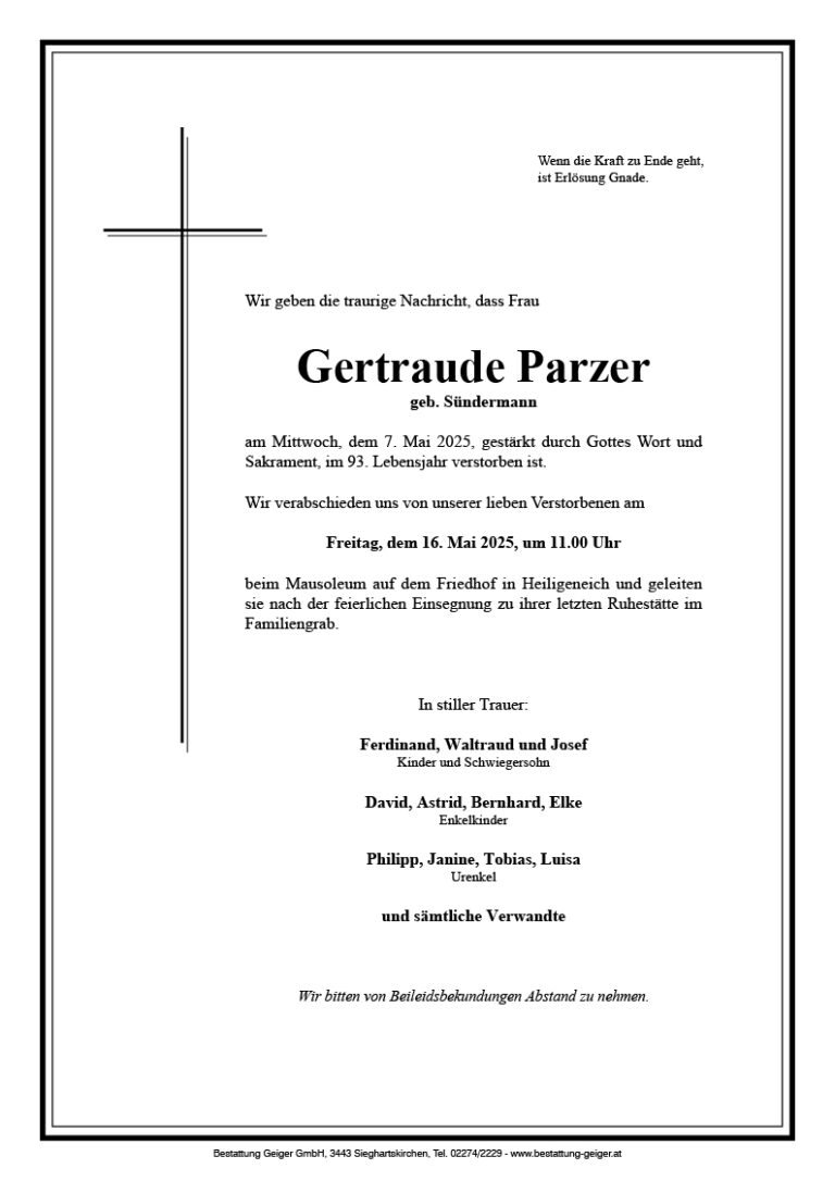 Parzer Gertraude Parzer - Bestattung Geiger